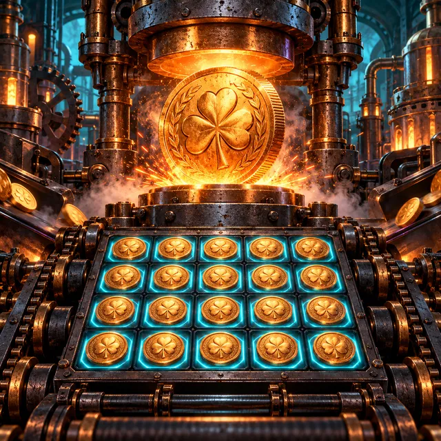 Industrial mint striking a glowing coin beside a locked coin grid