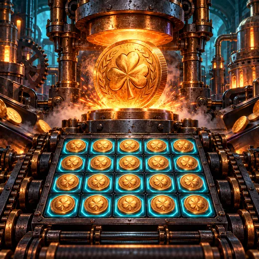 Industrial mint striking a glowing coin beside a locked coin grid