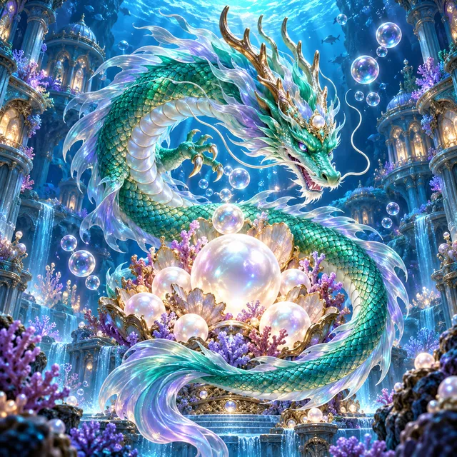 Jade dragon circling luminous pearls in an underwater palace