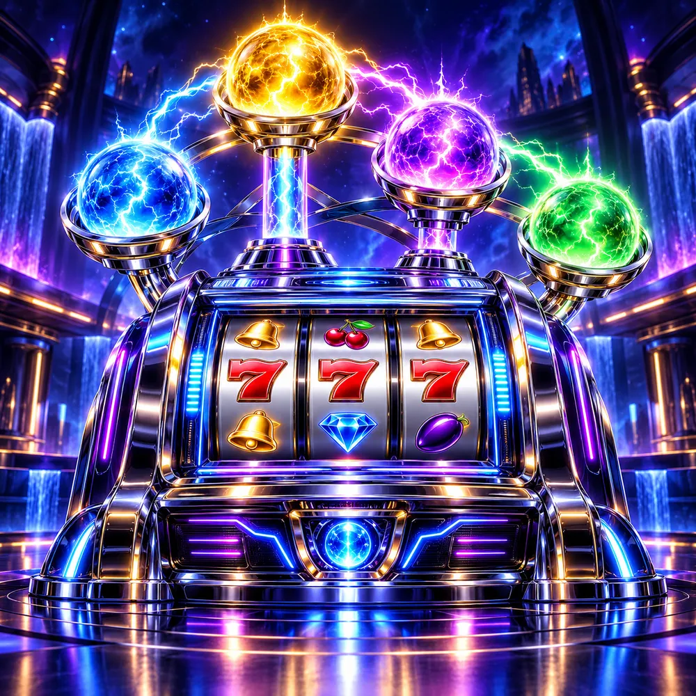Luminous jackpot orbs linked by electricity around a chrome reel machine