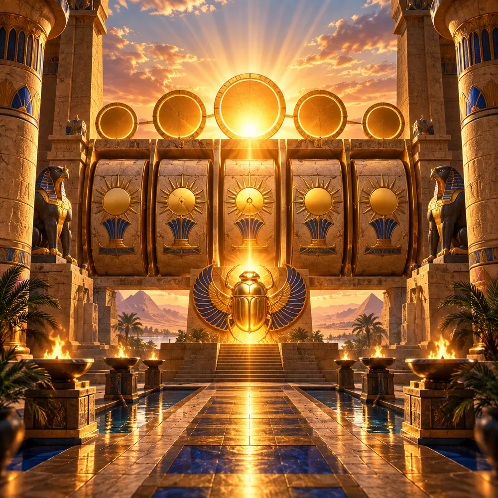 Five glowing sun discs aligned above a sandstone temple