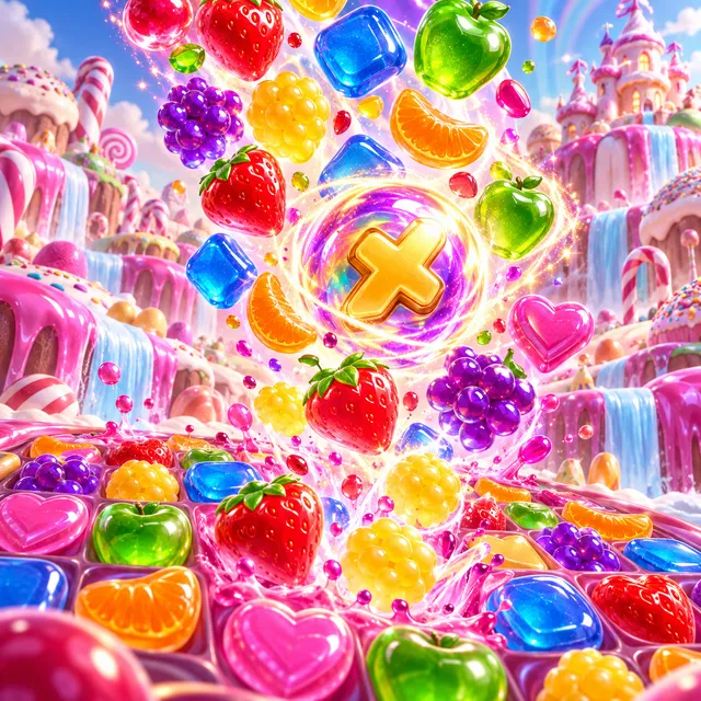 Colourful candy and fruit tumbling around a glowing multiplier orb