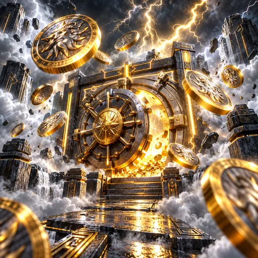 Oversized coins spinning through lightning into a metal vault
