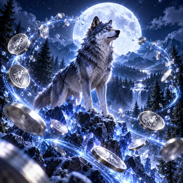 Moonlit wolf surrounded by silver coins and blue energy